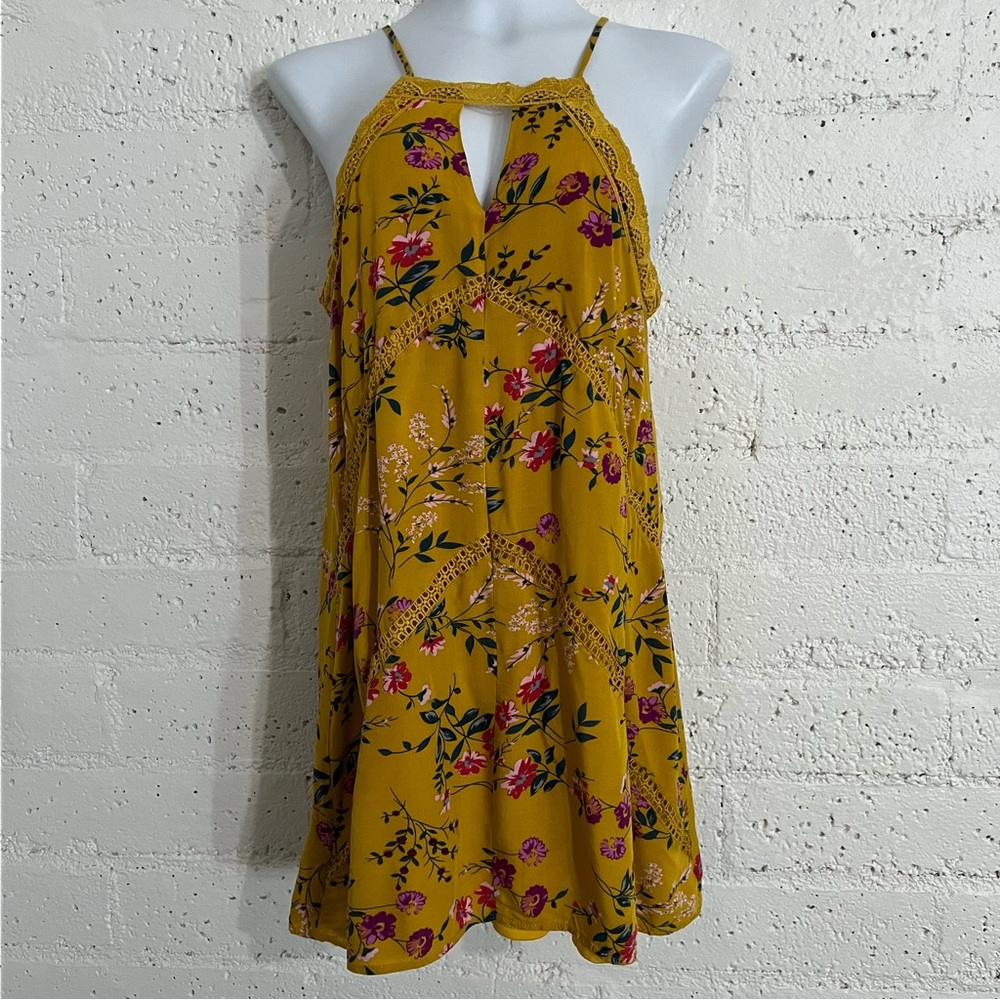 Womens Halter Dress S Yellow Floral Rayon Lined Lace Boho BS2